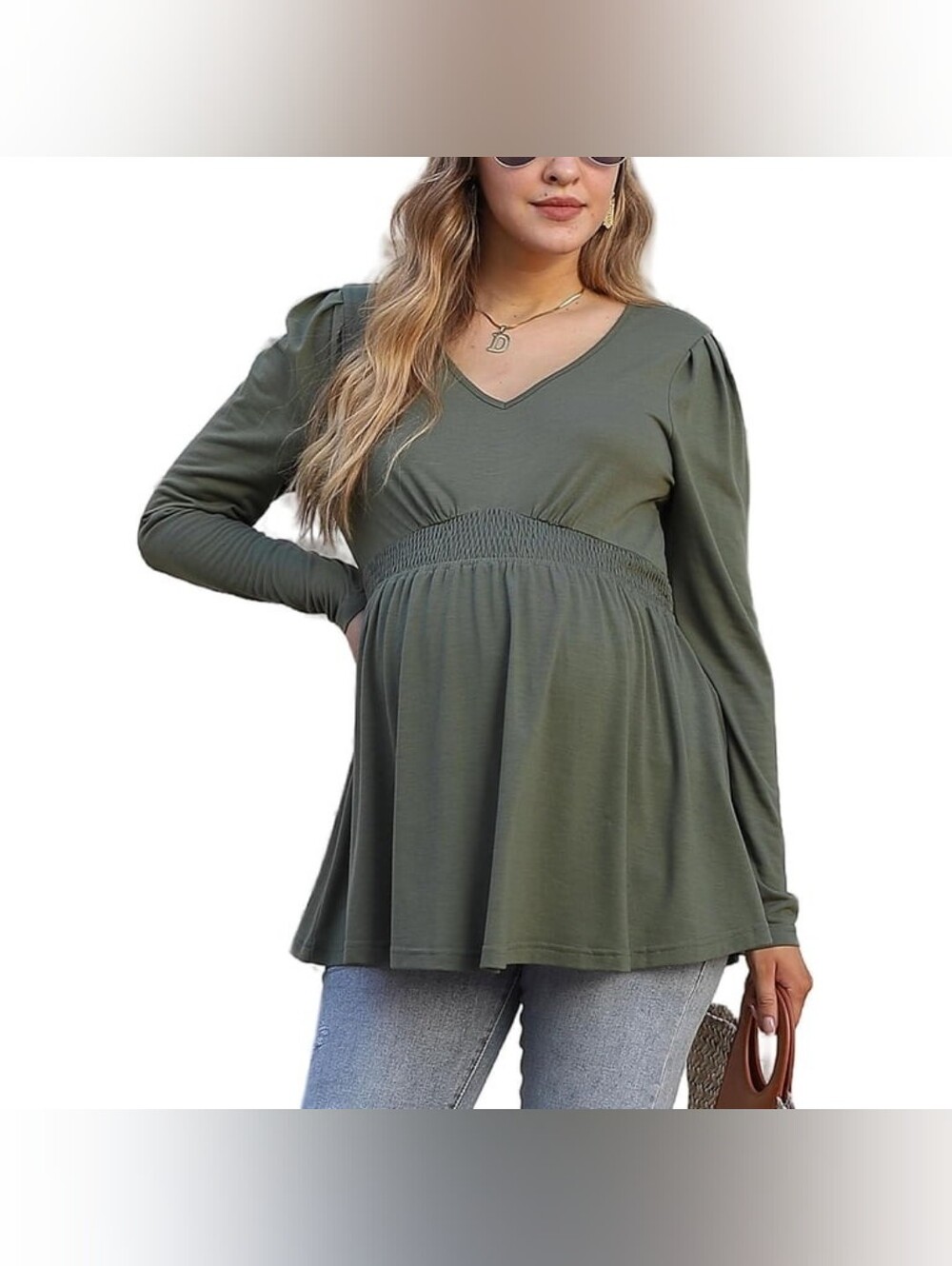Olive V-Neck Smocked Waist Long-Sleeve Maternity Top